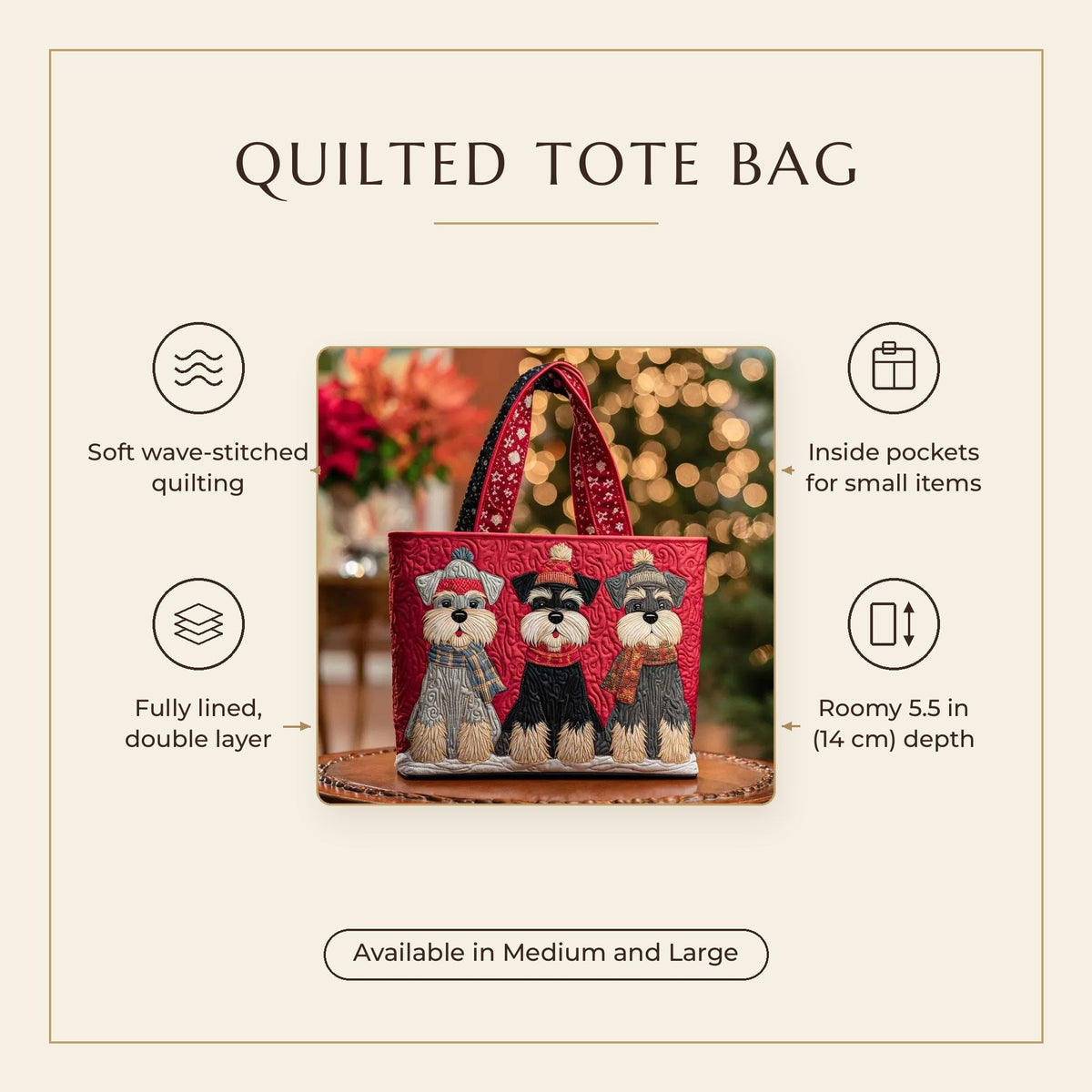 Quilted Tote Bag - Three Schnauzers in Winter features infographic