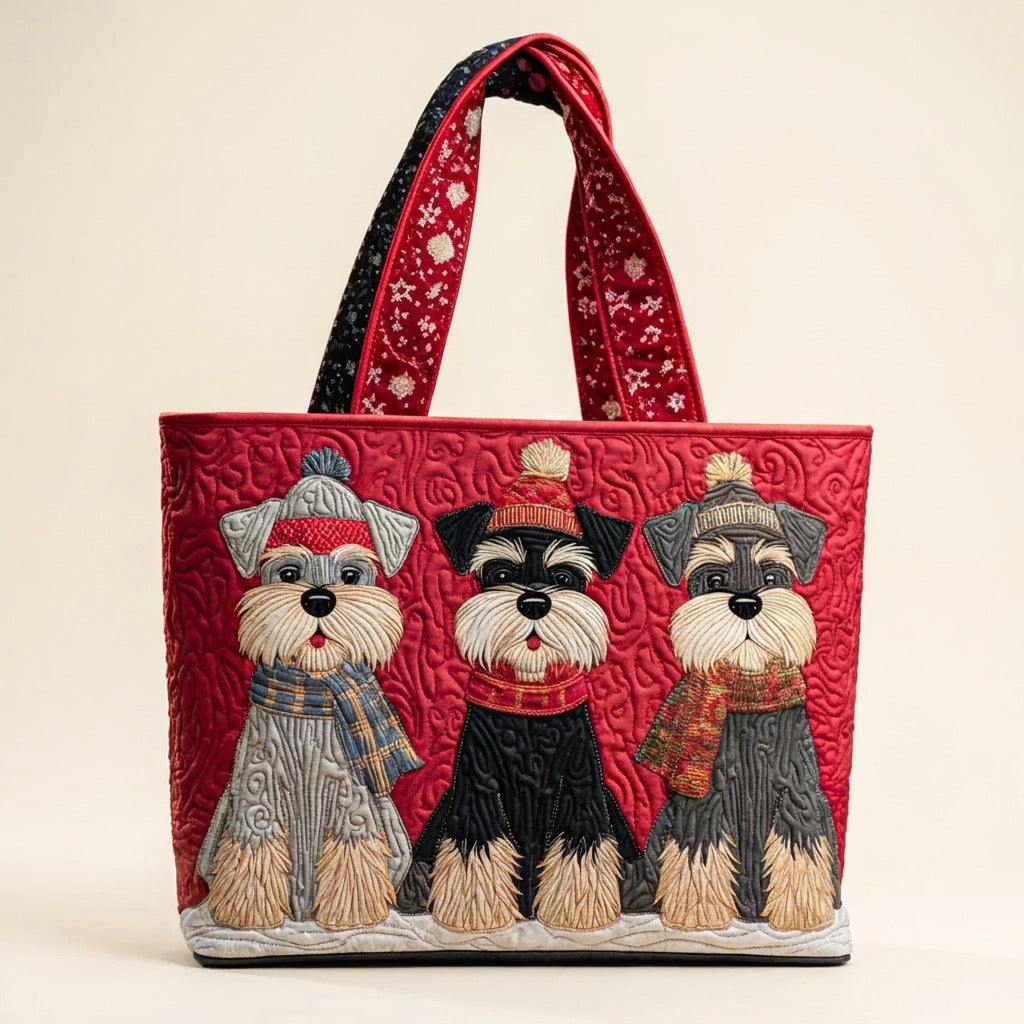 Quilted Tote Bag - Three Schnauzers in Winter, studio photo