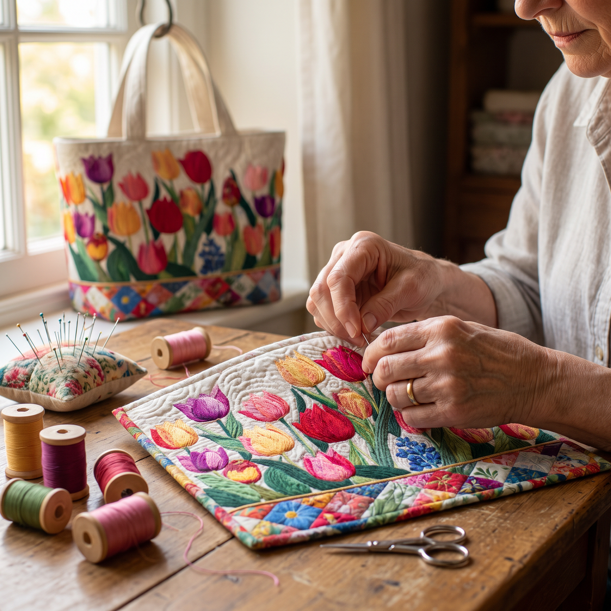 Quilted Tote Bag - Tulip Garden