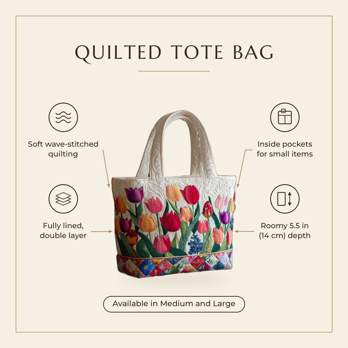 Quilted Tote Bag - Tulip Garden features infographic