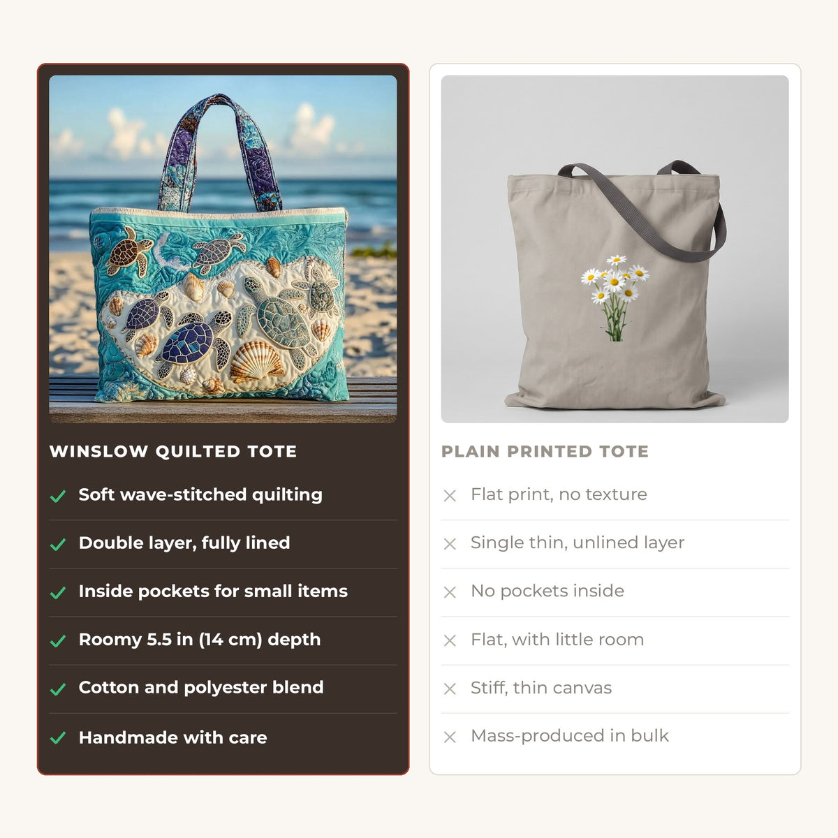 Quilted Tote Bag - Turtles and Seashells compared with a plain printed tote