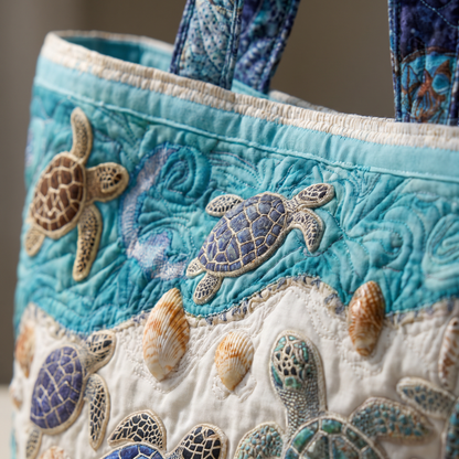 Quilted Tote Bag - Turtles and Seashells