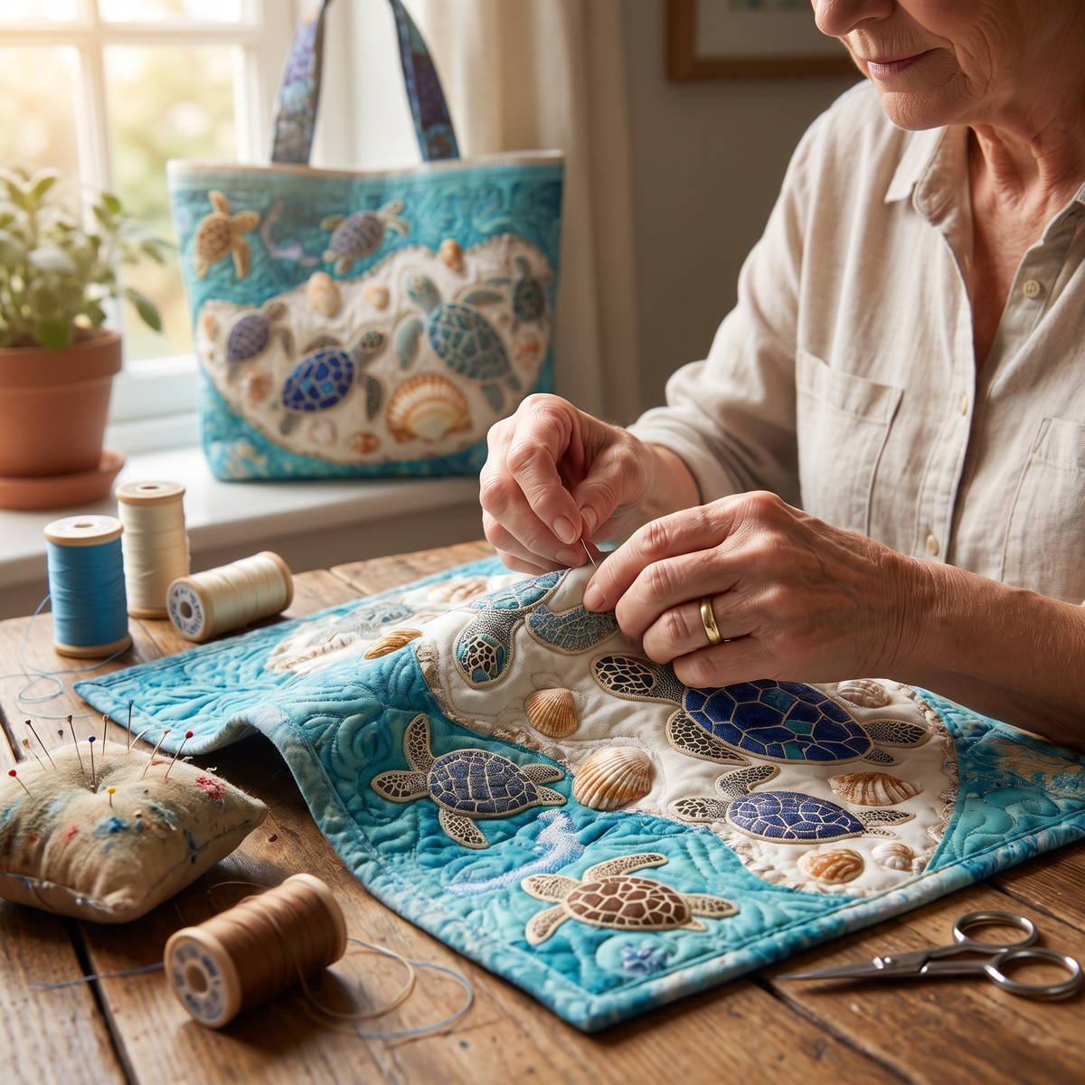 Quilted Tote Bag - Turtles and Seashells
