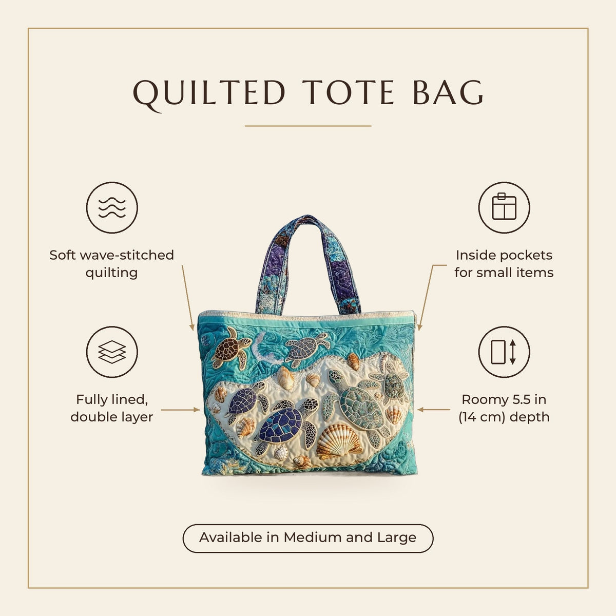 Quilted Tote Bag - Turtles and Seashells features infographic