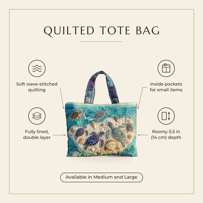 Quilted Tote Bag - Turtles and Seashells features infographic