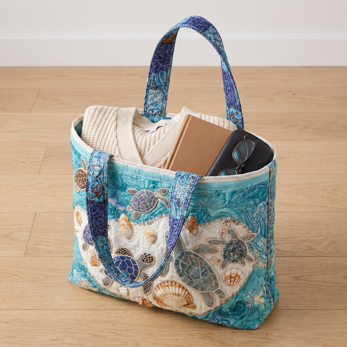 Quilted Tote Bag - Turtles and Seashells
