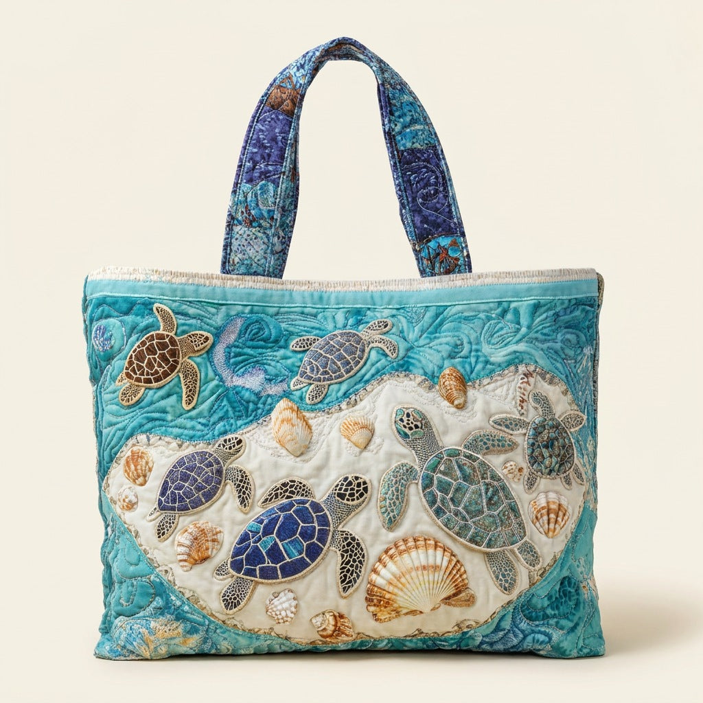 Quilted Tote Bag - Turtles and Seashells, studio photo