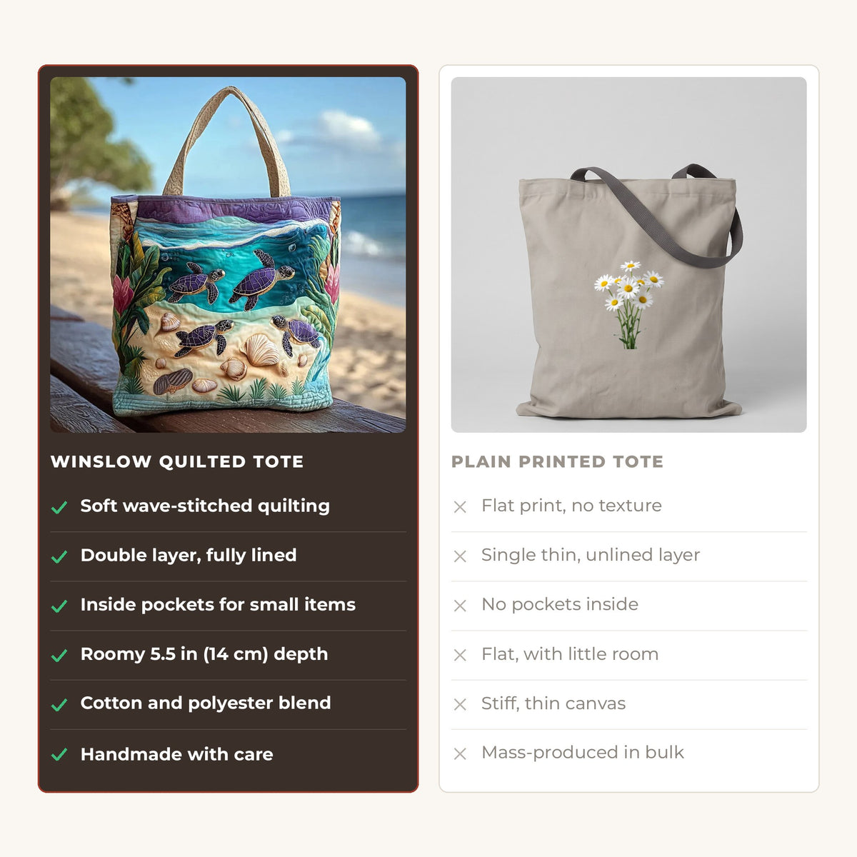 Quilted Tote Bag - Turtles in the Lagoon compared with a plain printed tote