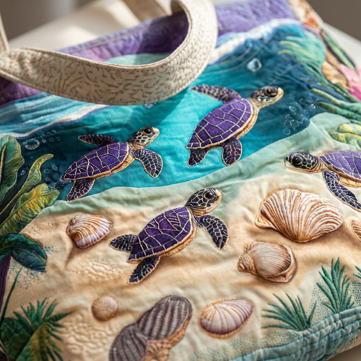 Quilted Tote Bag - Turtles in the Lagoon