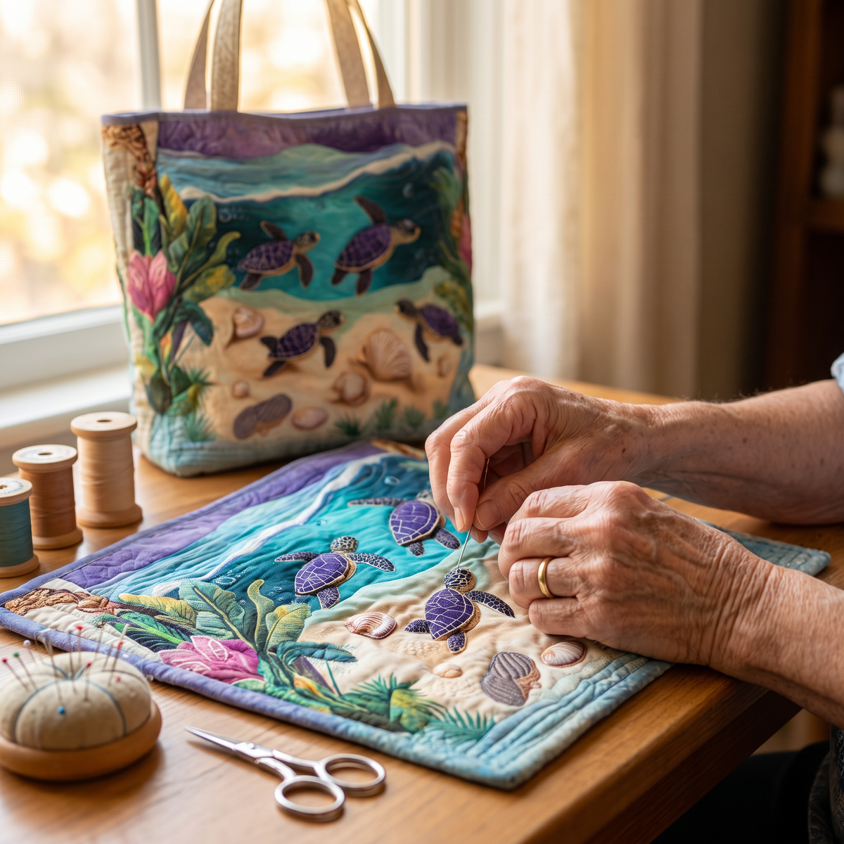 Quilted Tote Bag - Turtles in the Lagoon