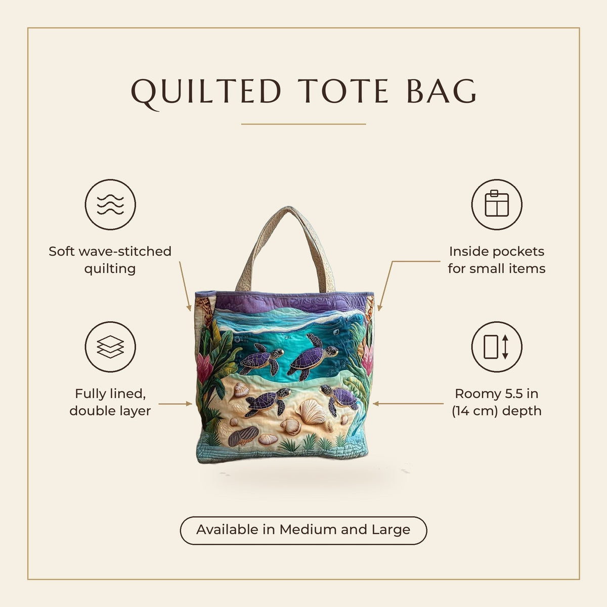 Quilted Tote Bag - Turtles in the Lagoon features infographic
