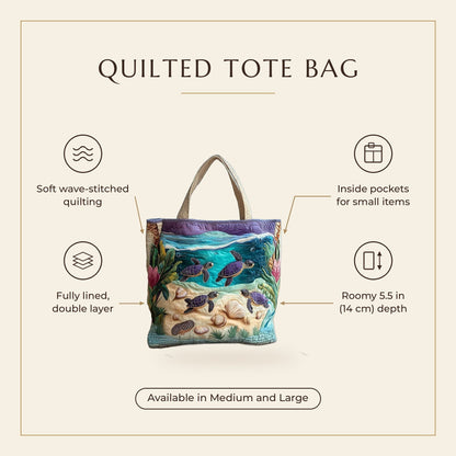 Quilted Tote Bag - Turtles in the Lagoon features infographic
