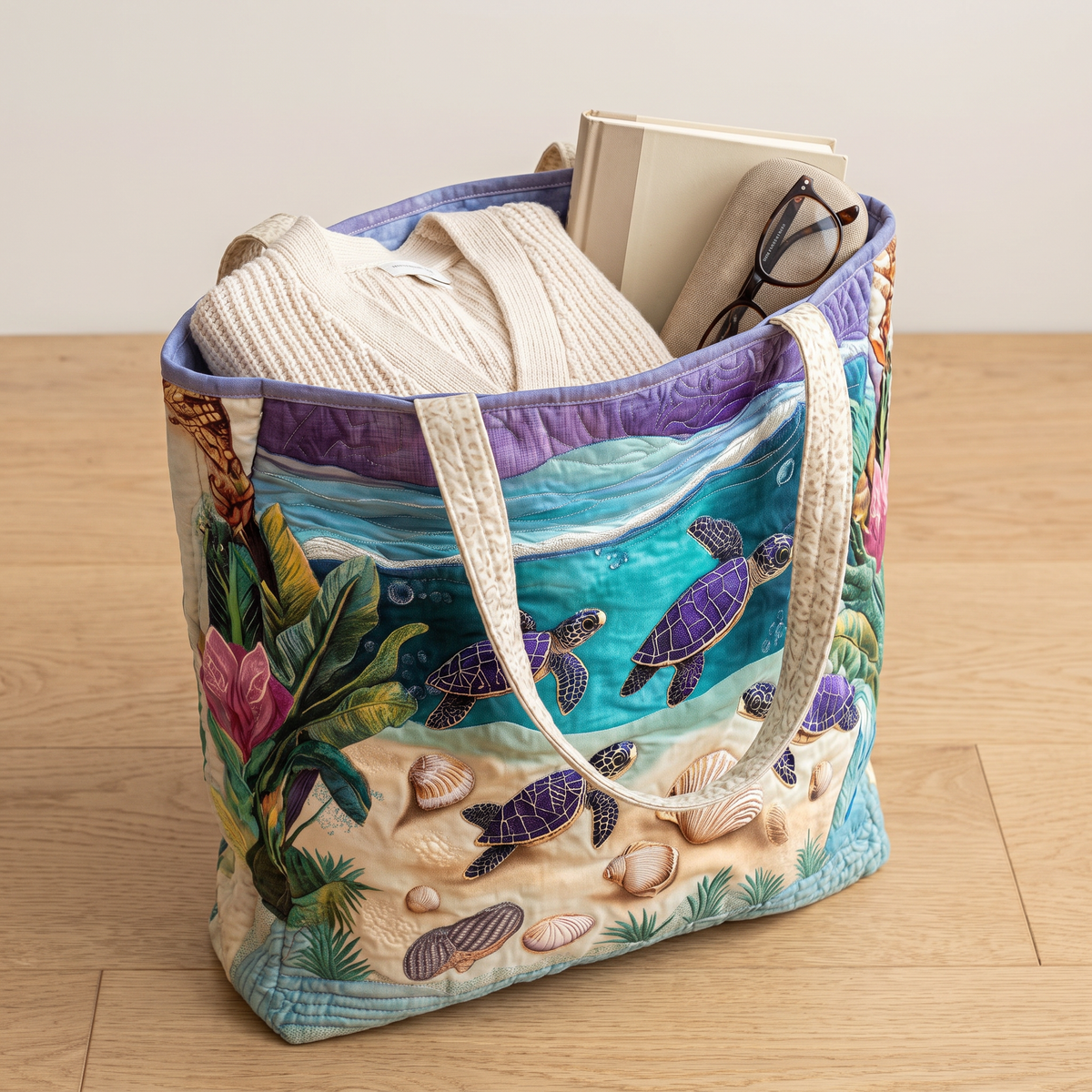 Quilted Tote Bag - Turtles in the Lagoon