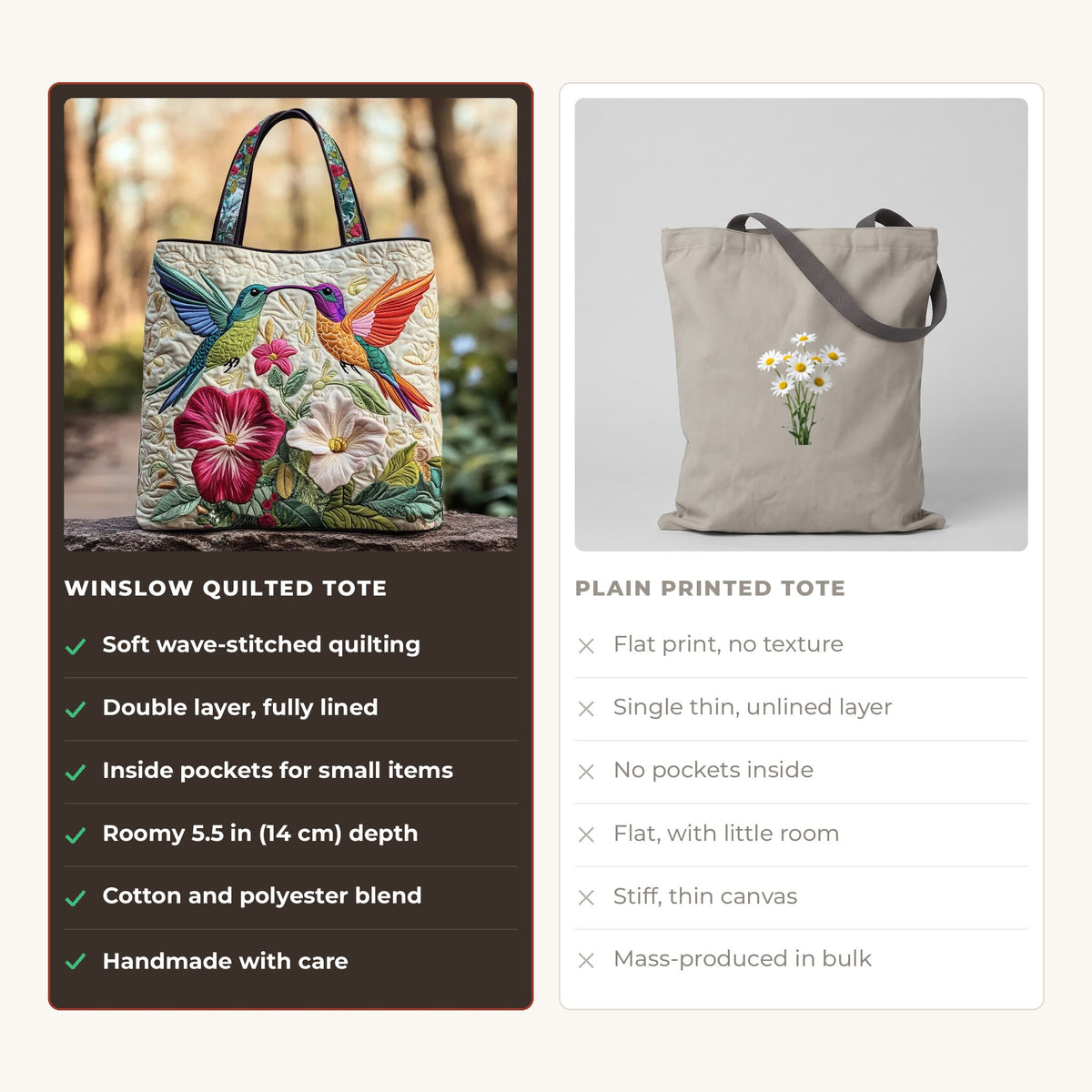 Quilted Tote Bag - Two Hummingbirds in Flight compared with a plain printed tote