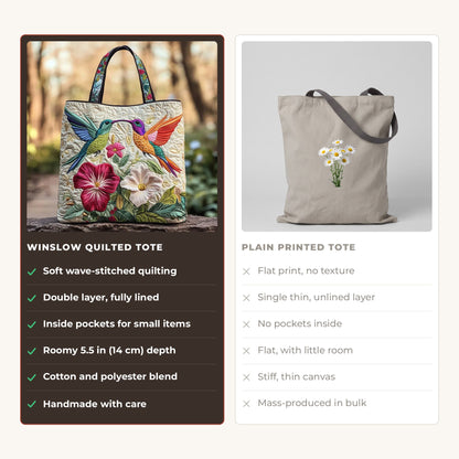 Quilted Tote Bag - Two Hummingbirds in Flight compared with a plain printed tote