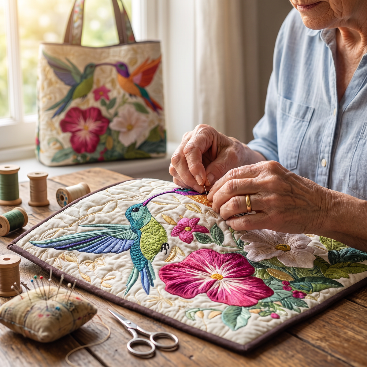 Quilted Tote Bag - Two Hummingbirds in Flight