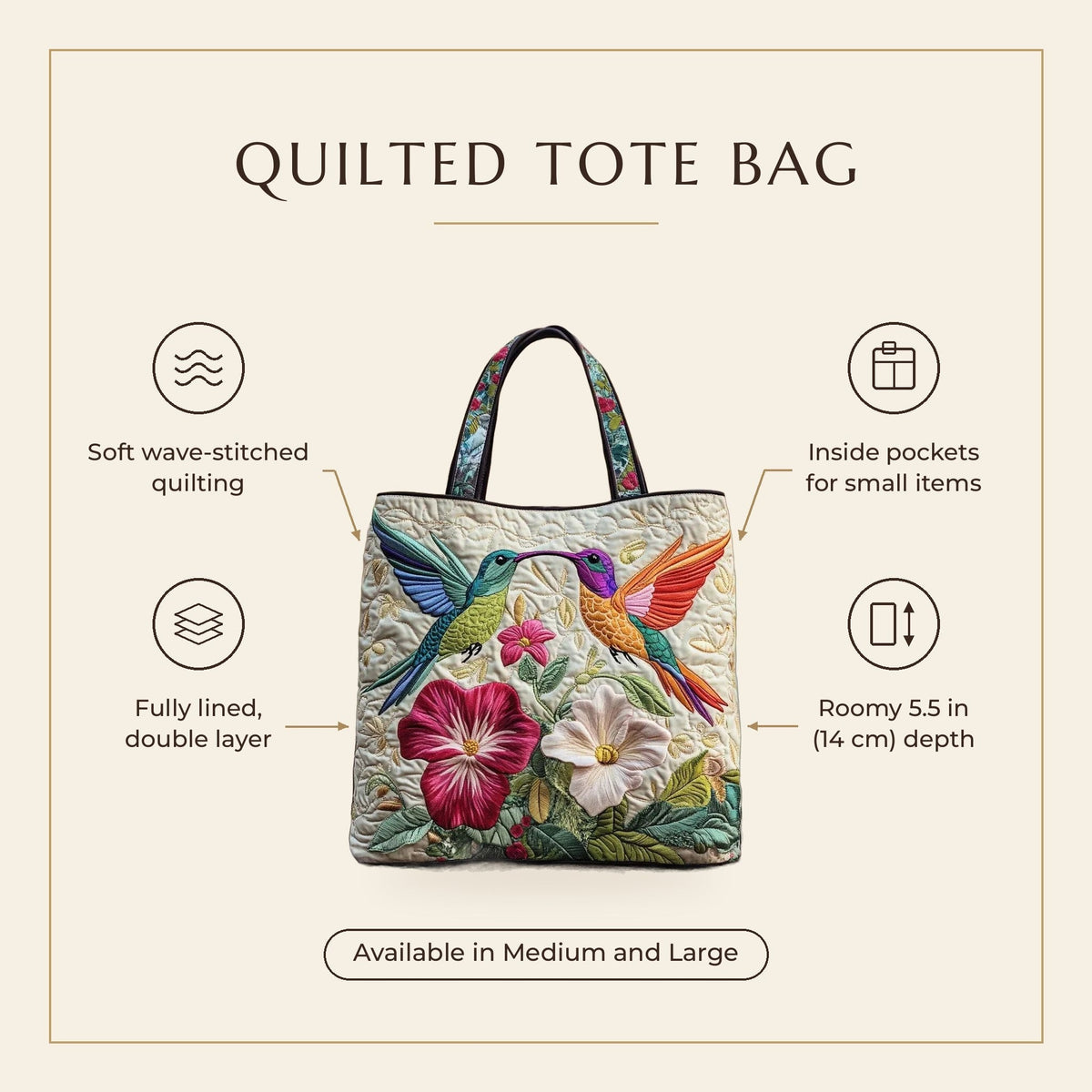 Quilted Tote Bag - Two Hummingbirds in Flight features infographic