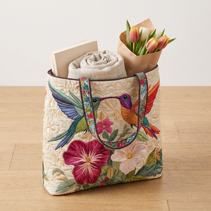 Quilted Tote Bag - Two Hummingbirds in Flight