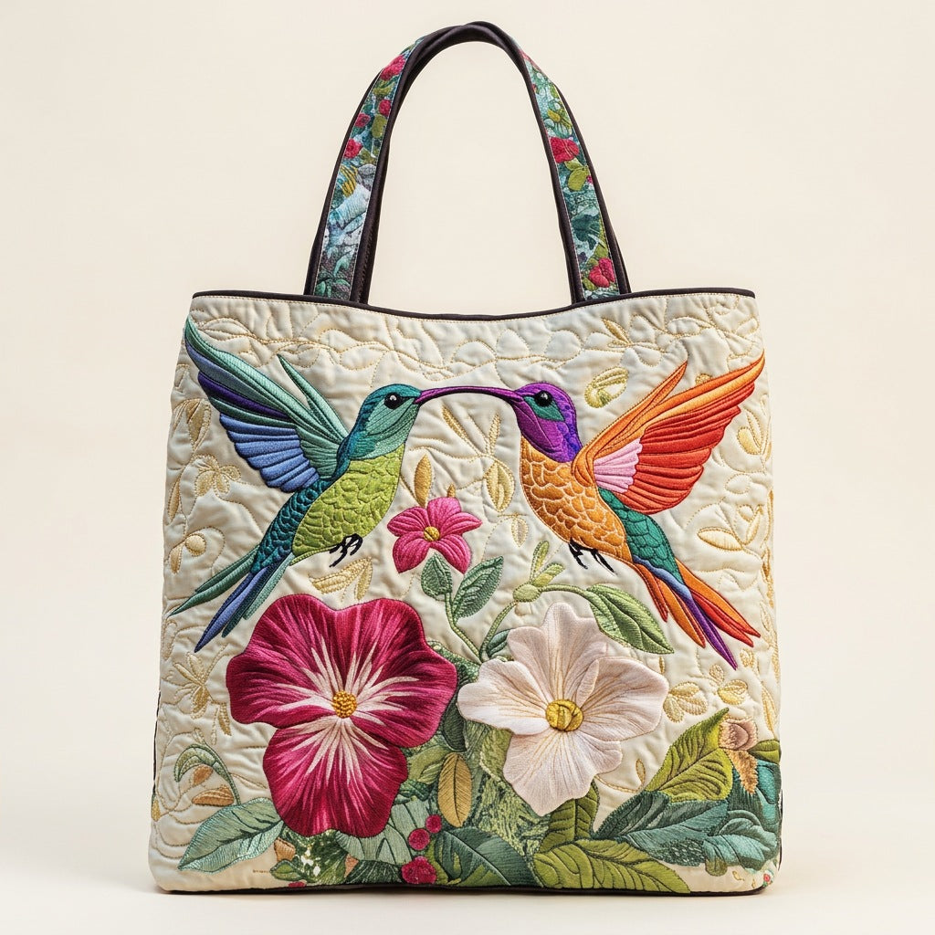 Quilted Tote Bag - Two Hummingbirds in Flight, studio photo