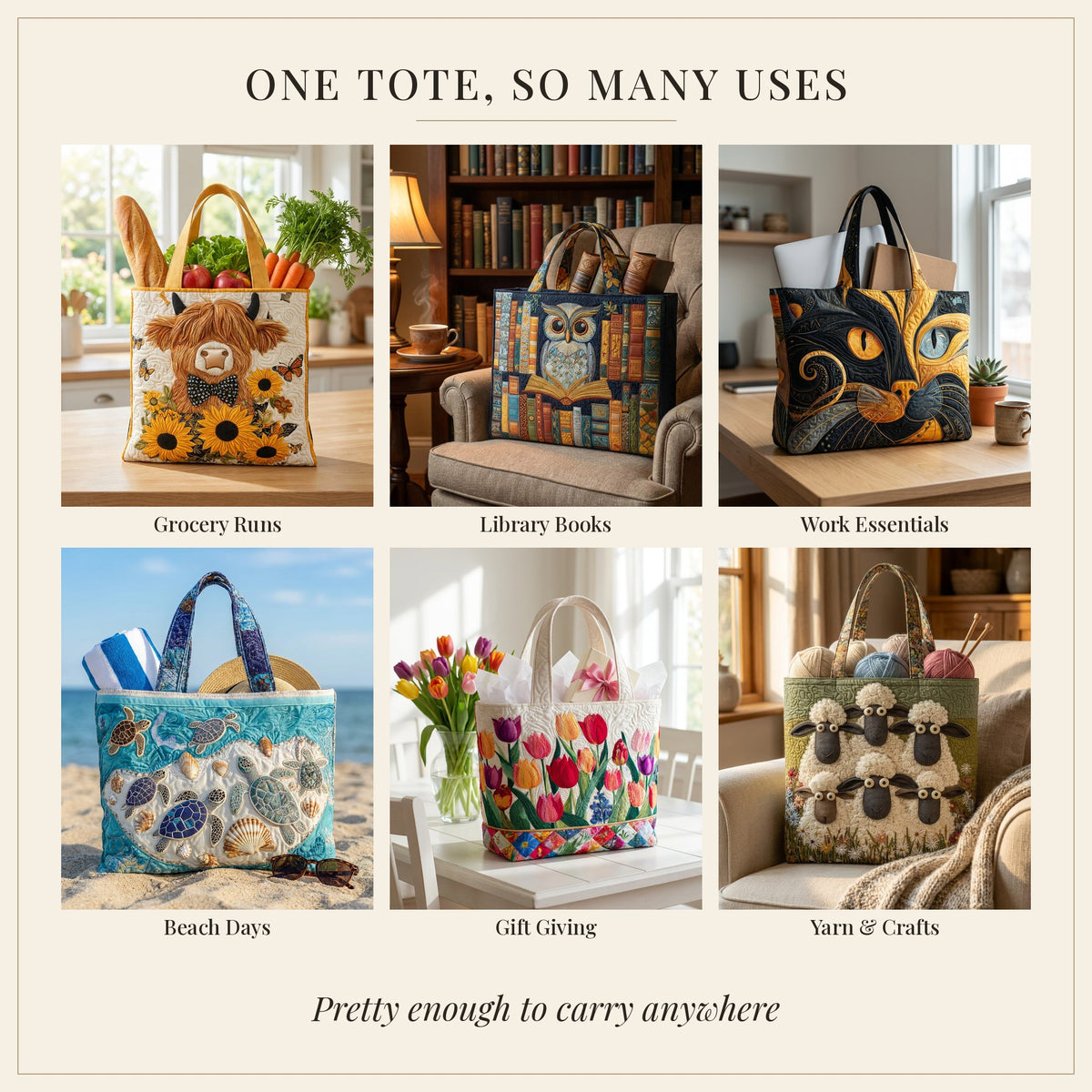 Quilted tote bag uses: groceries, books, work, beach, gifts and crafts