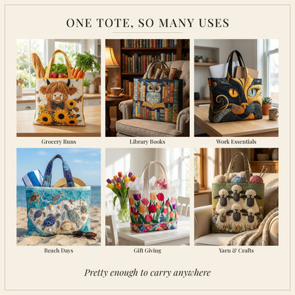 Quilted tote bag uses: groceries, books, work, beach, gifts and crafts