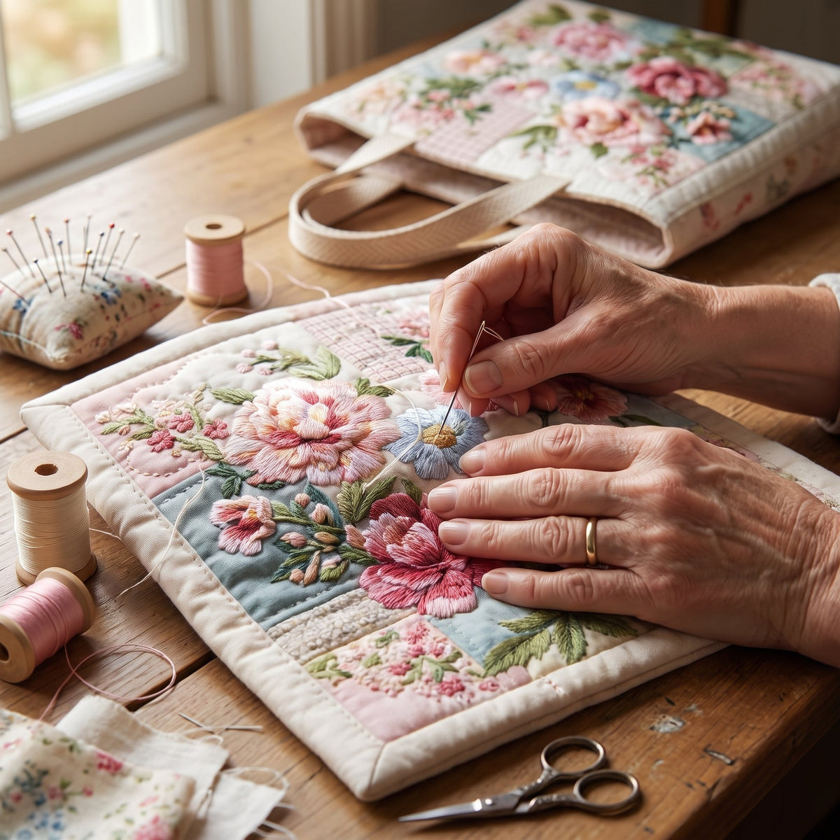Quilted Tote Bag - Vintage Pink Roses