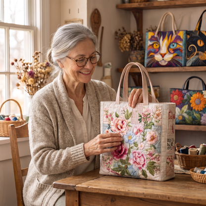 Quilted Tote Bag - Vintage Pink Roses