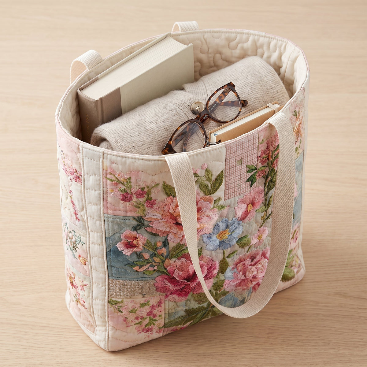 Quilted Tote Bag - Vintage Pink Roses