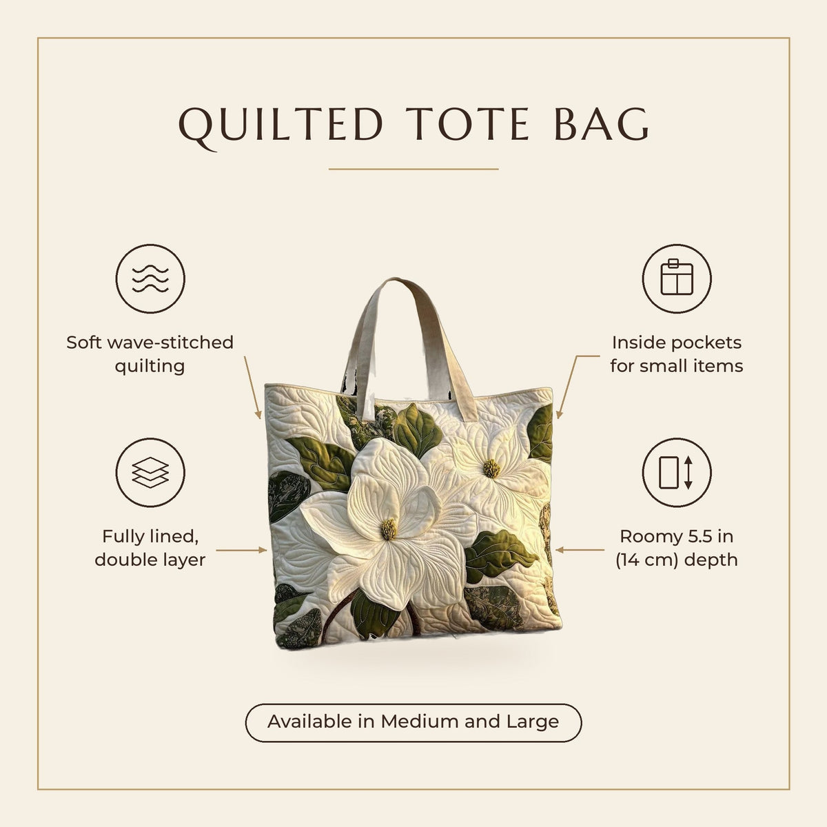 Quilted Tote Bag - White Blossoms features infographic