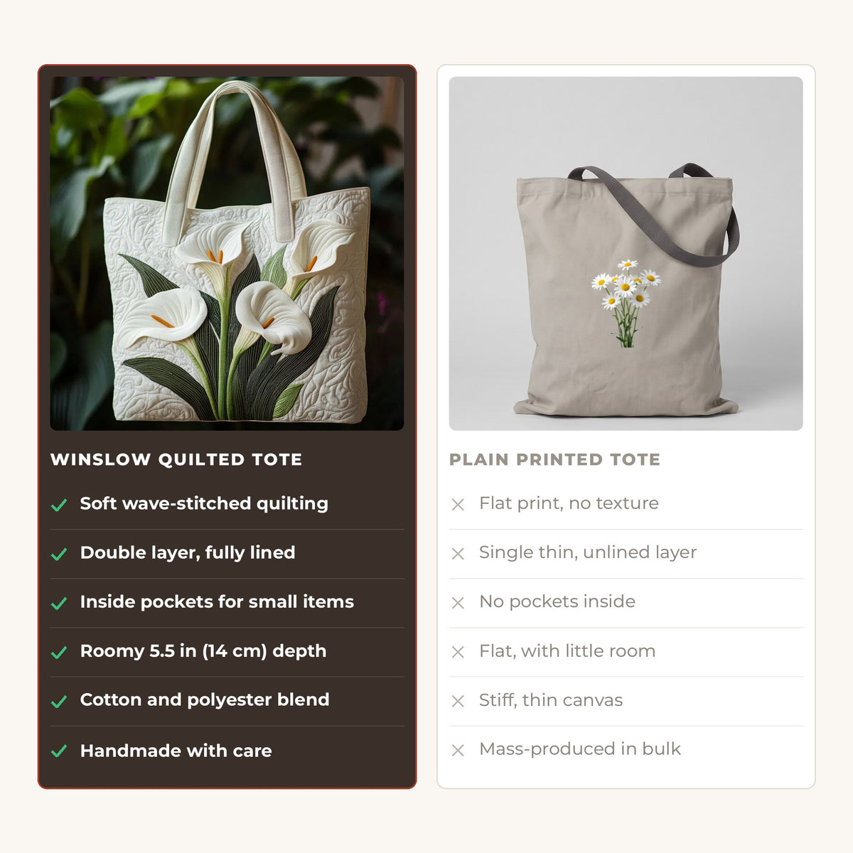 Quilted Tote Bag - White Calla Lilies compared with a plain printed tote
