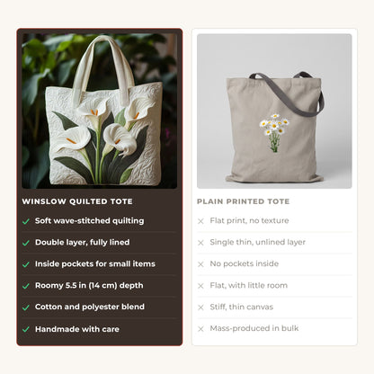 Quilted Tote Bag - White Calla Lilies compared with a plain printed tote