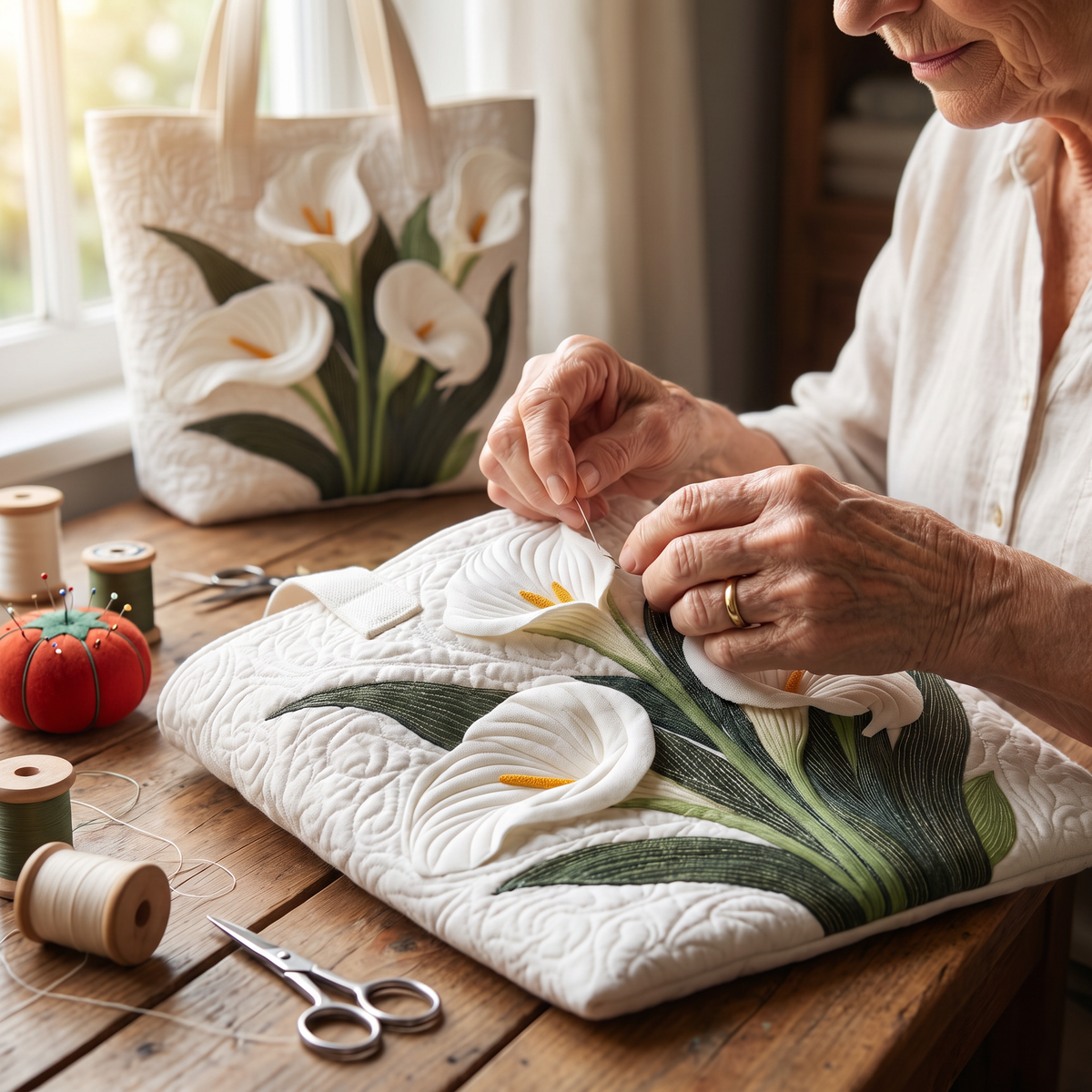 Quilted Tote Bag - White Calla Lilies