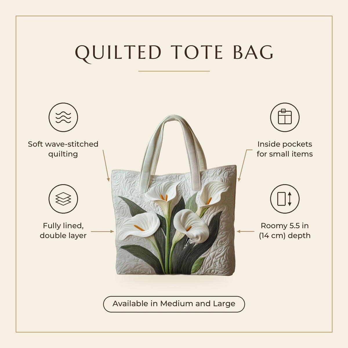 Quilted Tote Bag - White Calla Lilies features infographic