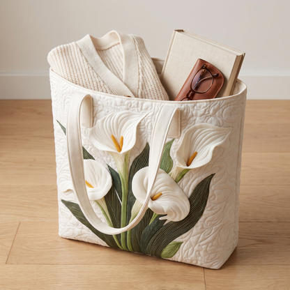 Quilted Tote Bag - White Calla Lilies