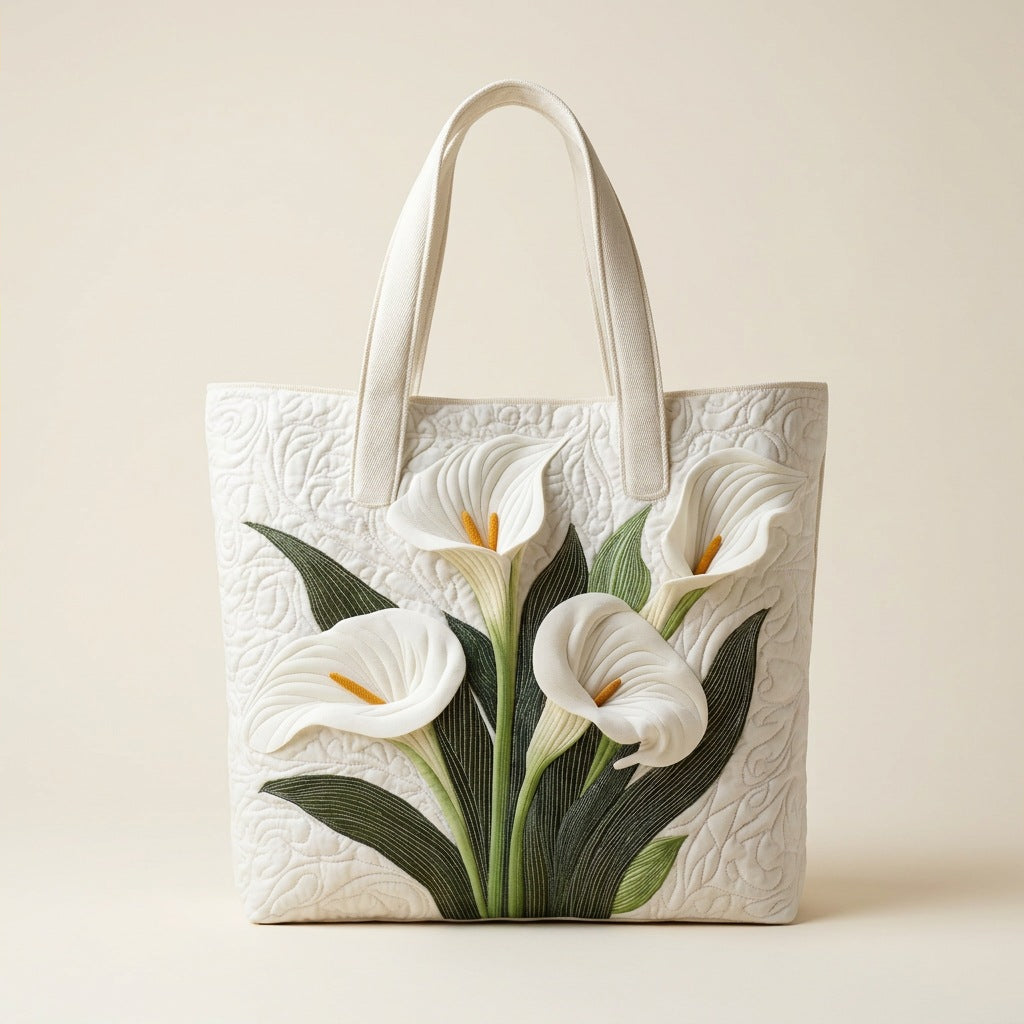 Quilted Tote Bag - White Calla Lilies, studio photo