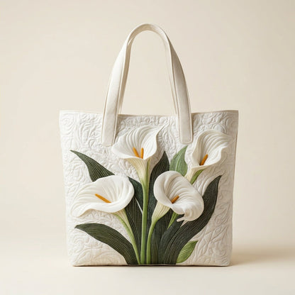 Quilted Tote Bag - White Calla Lilies, studio photo