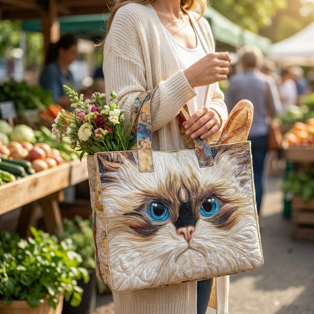 Quilted Tote Bag - White Cat with Blue Eyes carried at a farmers market