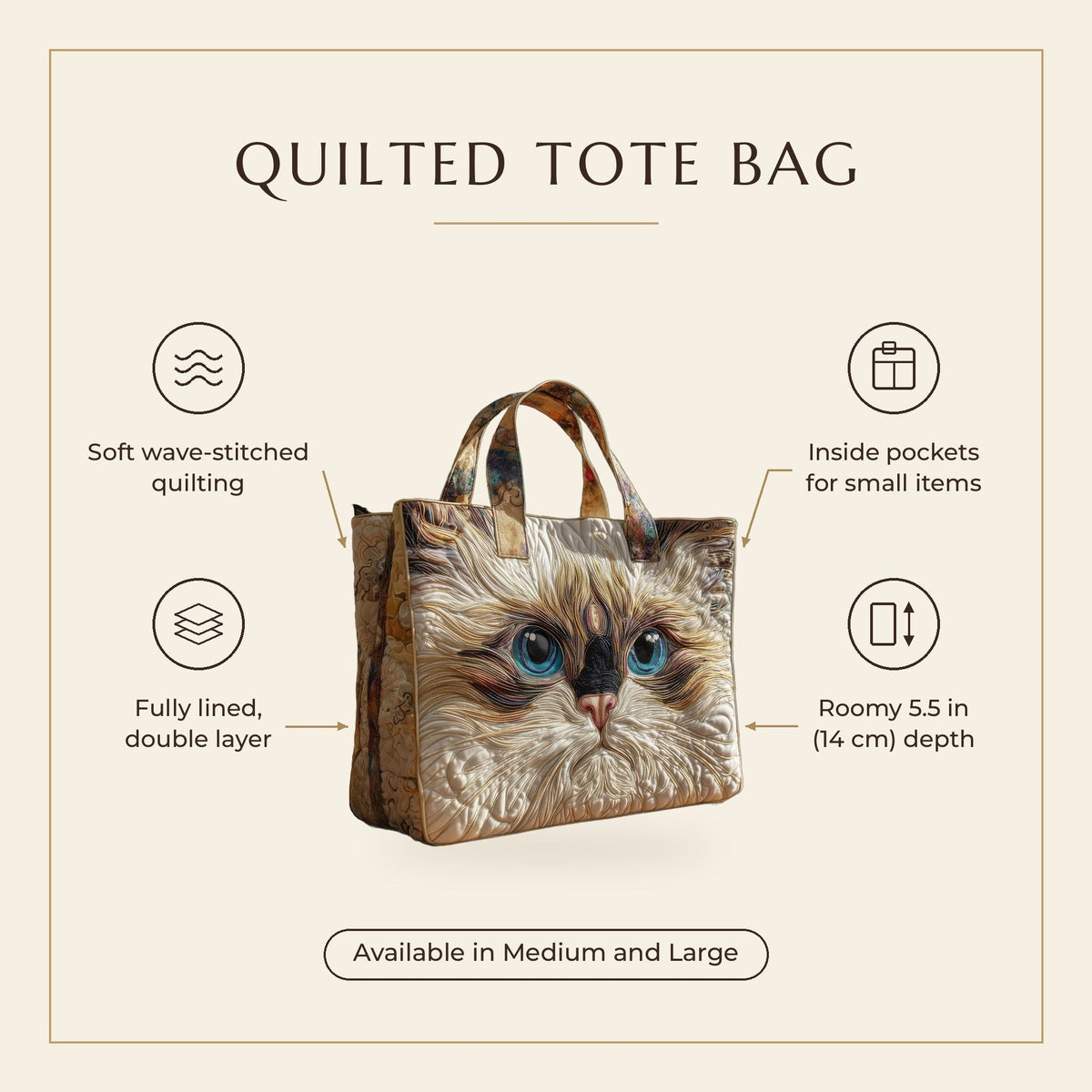 Quilted Tote Bag - White Cat with Blue Eyes features infographic