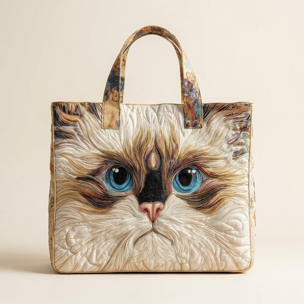 Quilted Tote Bag - White Cat with Blue Eyes, studio photo