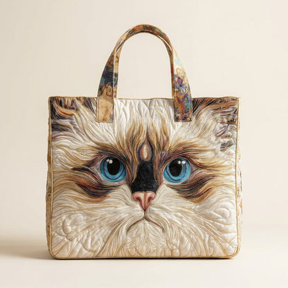 Quilted Tote Bag - White Cat with Blue Eyes, studio photo