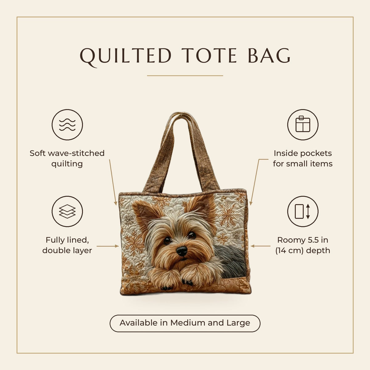 Quilted Tote Bag - Yorkshire Terrier features infographic